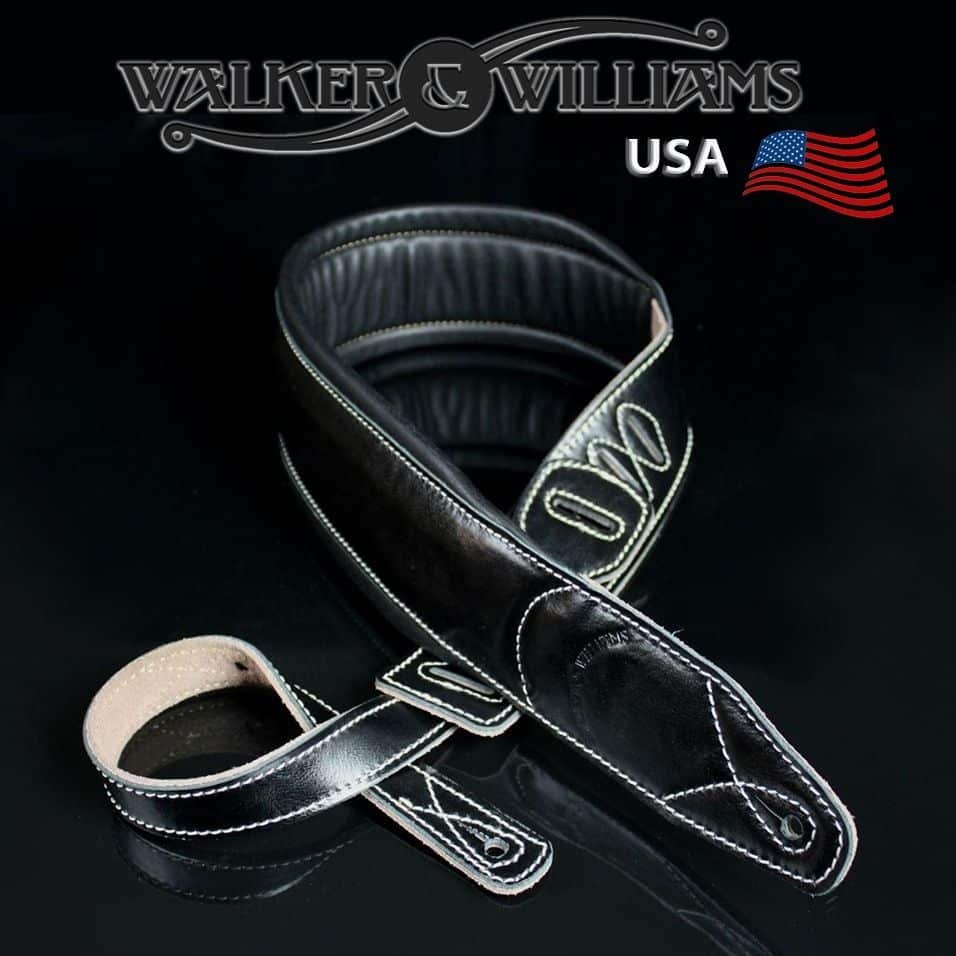 Walker & Williams C-22 Extra Wide Double Padded Premium Black Leather Guitar Strap | SKU: WW-C22-BLK