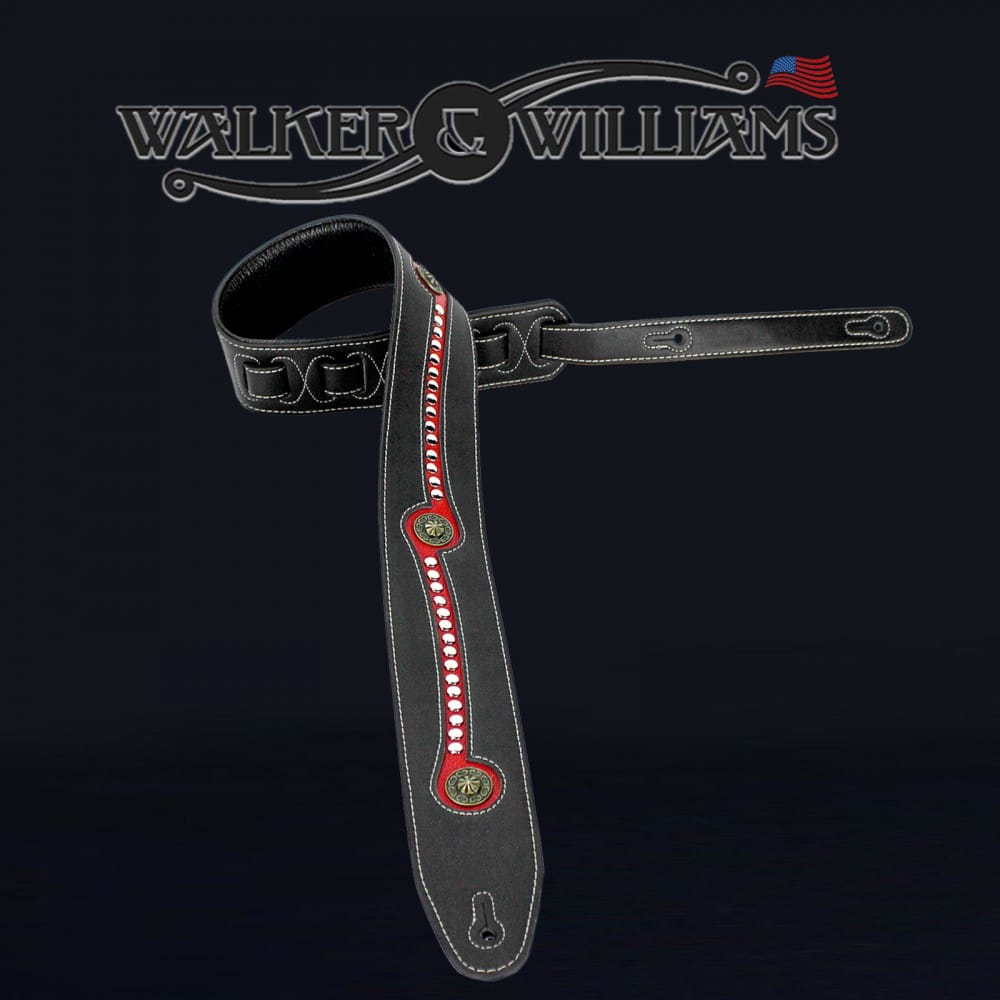 Walker & Williams LF-312 Black & Red Top Grain Leather Guitar Strap w/Studs | SKU: WW-LF312-BLK-RED-STUD