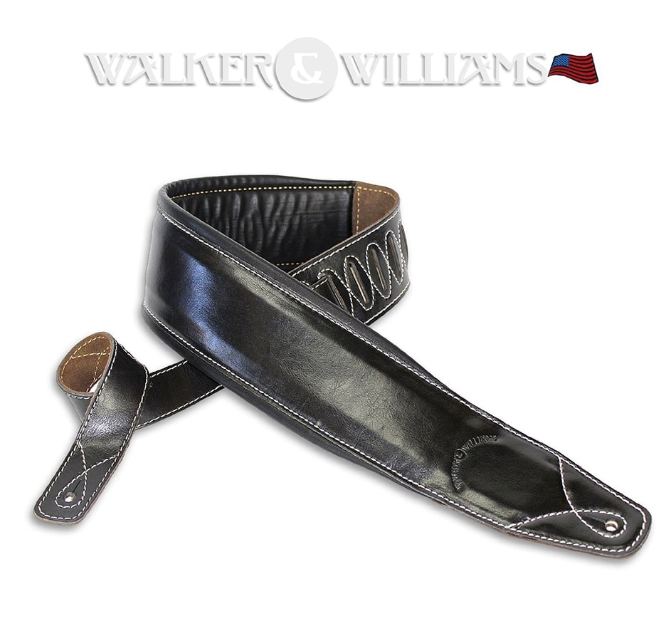 Walker & Williams Super Wide 4%22 Double Padded Top Grain Black Leather Bass Strap | SKU: WW-B4B-BLK