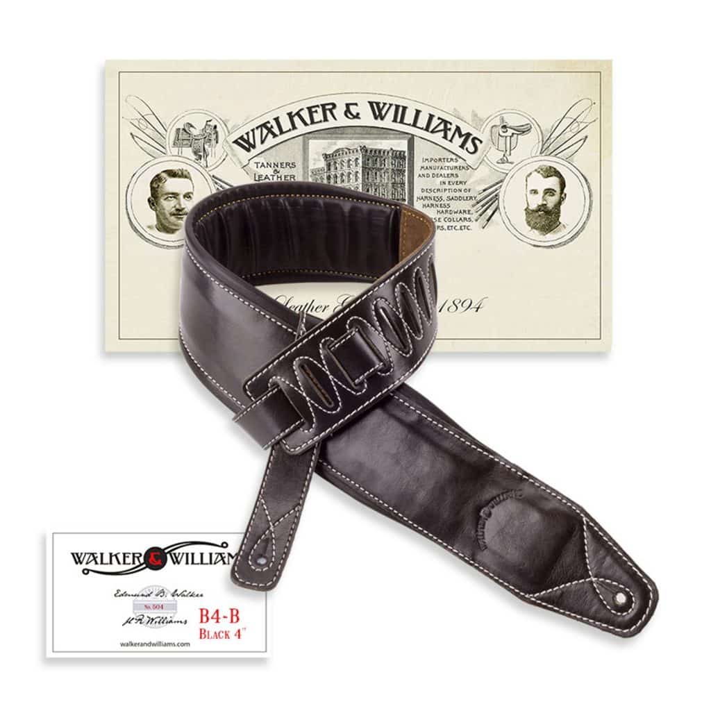 Walker & Williams C44 Premium Top Grain Black Leather Padded Concho Strap for Guitar or Bass 3.5 Wide 