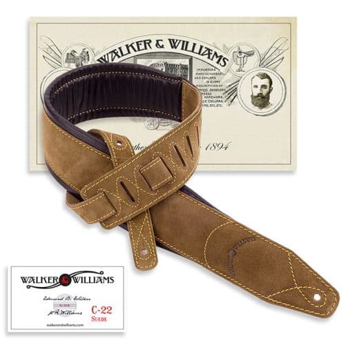 Walker & Williams C-22 Extra Wide Double Padded Premium Brown Boot Suede Leather Guitar Strap