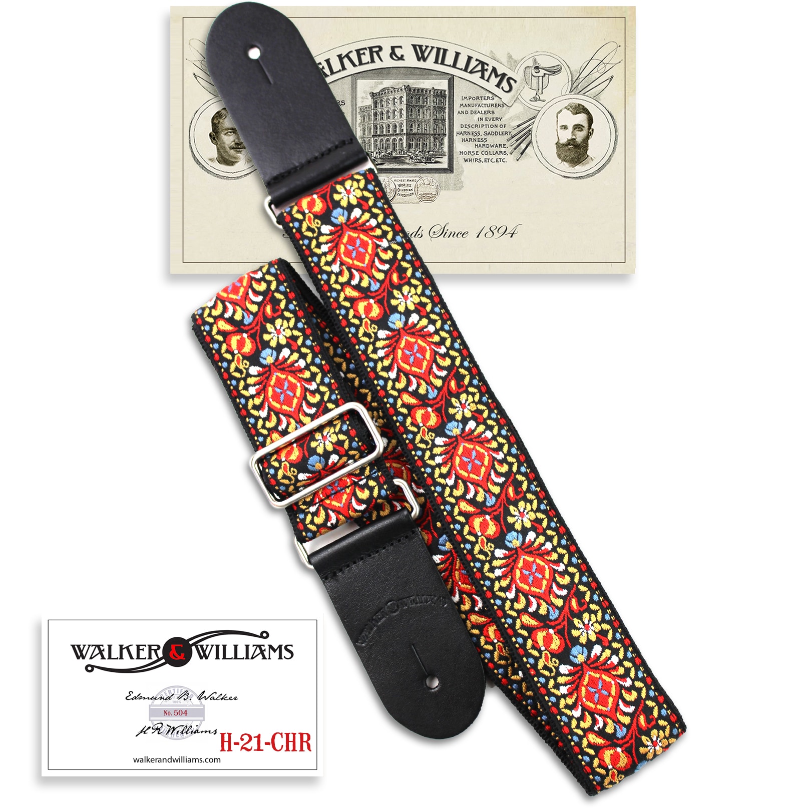 H-21-CHR Vintage Series Red and Black Mandala Woven Hippie Guitar Strap  with Chrome Hardware & Leather Ends
