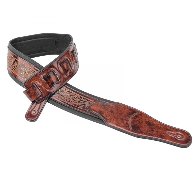 Walker & Williams GB-101 Bourbon Brown Padded Leather Guitar Strap - Handmade, Live Oak Pattern, 2.75" Wide