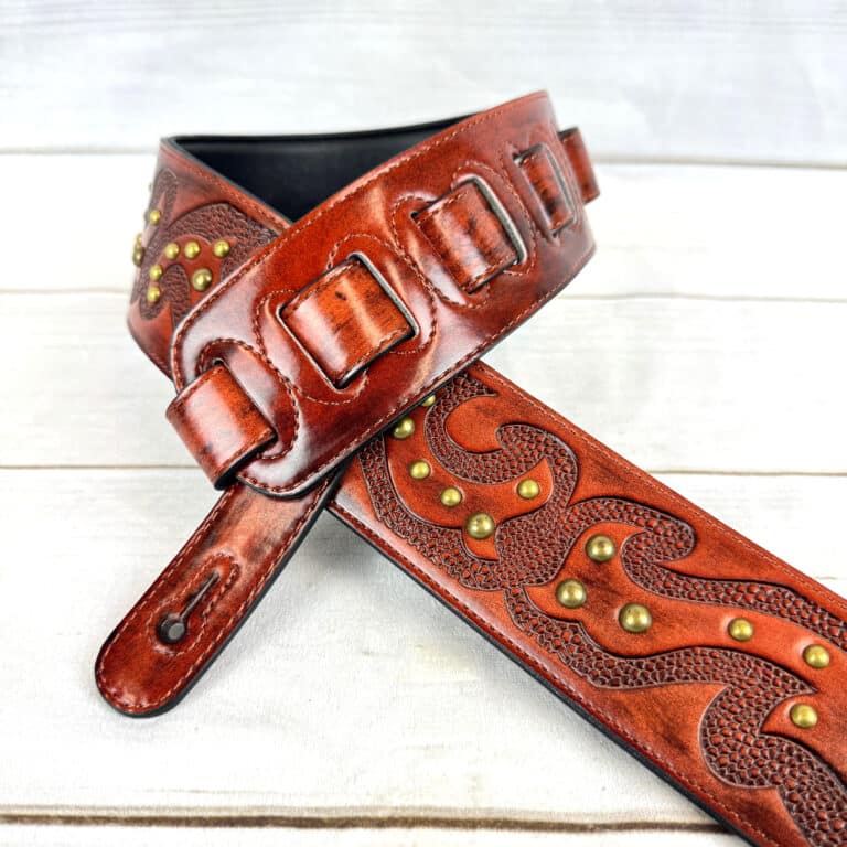 Walker & Williams GE-211 Antique Mahogany Leather Guitar Strap – Norse Tooling & Studs
