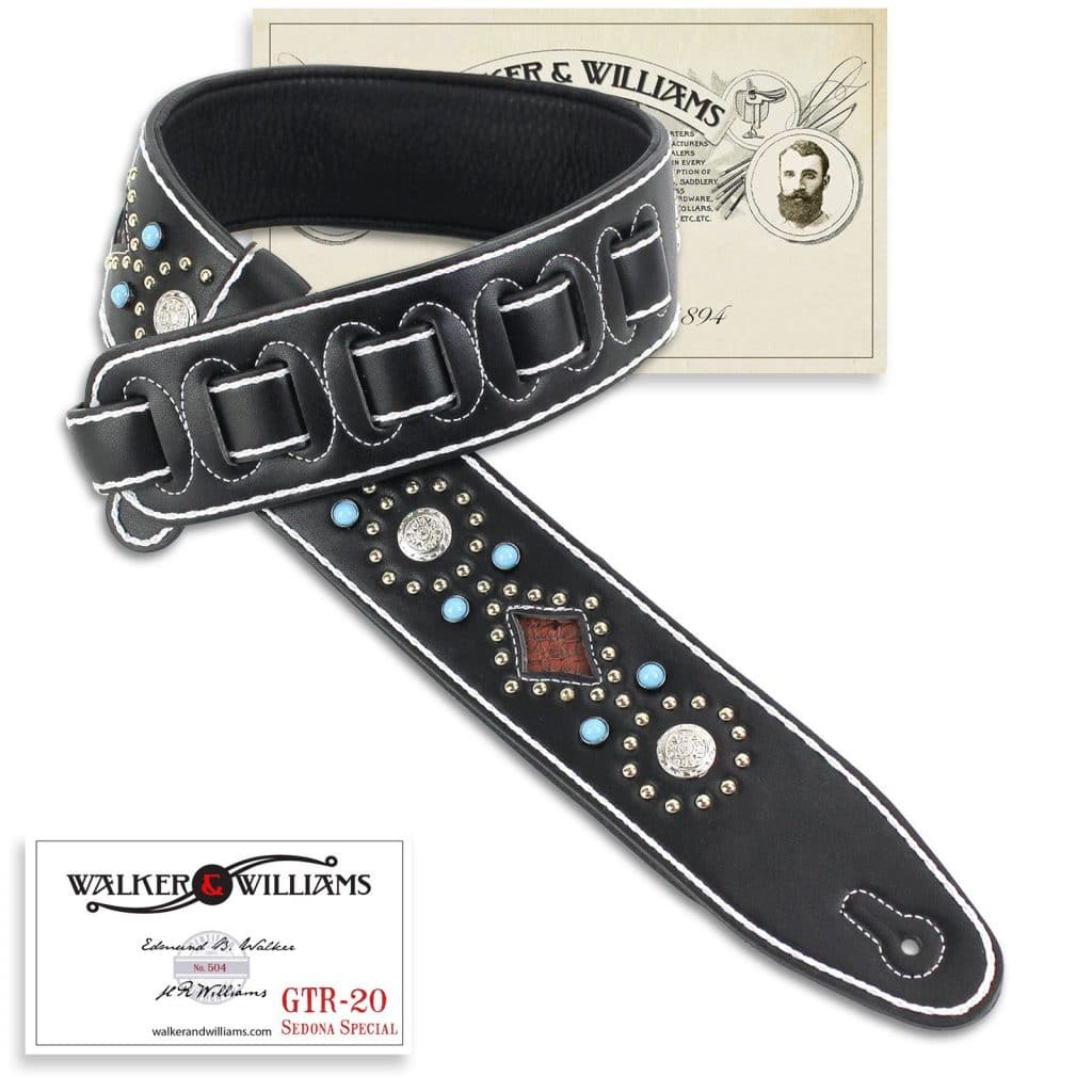 Walker And Williams GTR-20-WHT Sedona Special Black Padded Strap With Studs & Rivets 