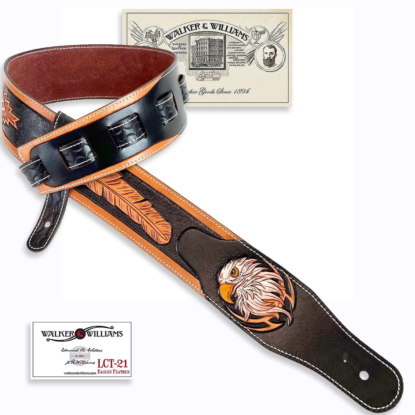 LCT-21 Handmade And Tooled Black And Tan Super Premium Leather Guitar Strap  with Native Feather & Eagle And Peccary Back – Walker & Williams