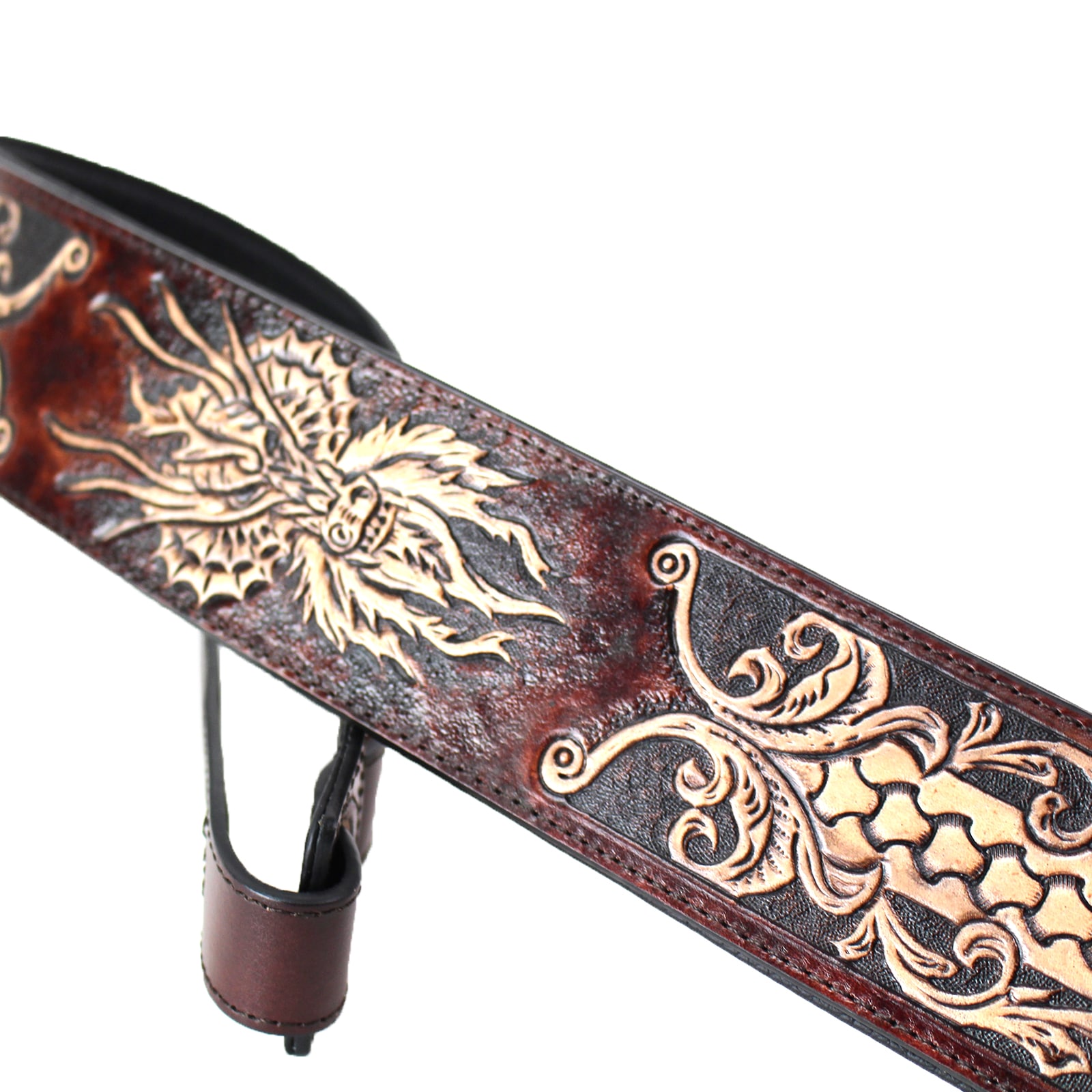 thumbnail image 2 of Walker & Williams KB-02-BRN Rustic Brown Leather Guitar Strap – Padded – Skull & Cross Design 2 of 6