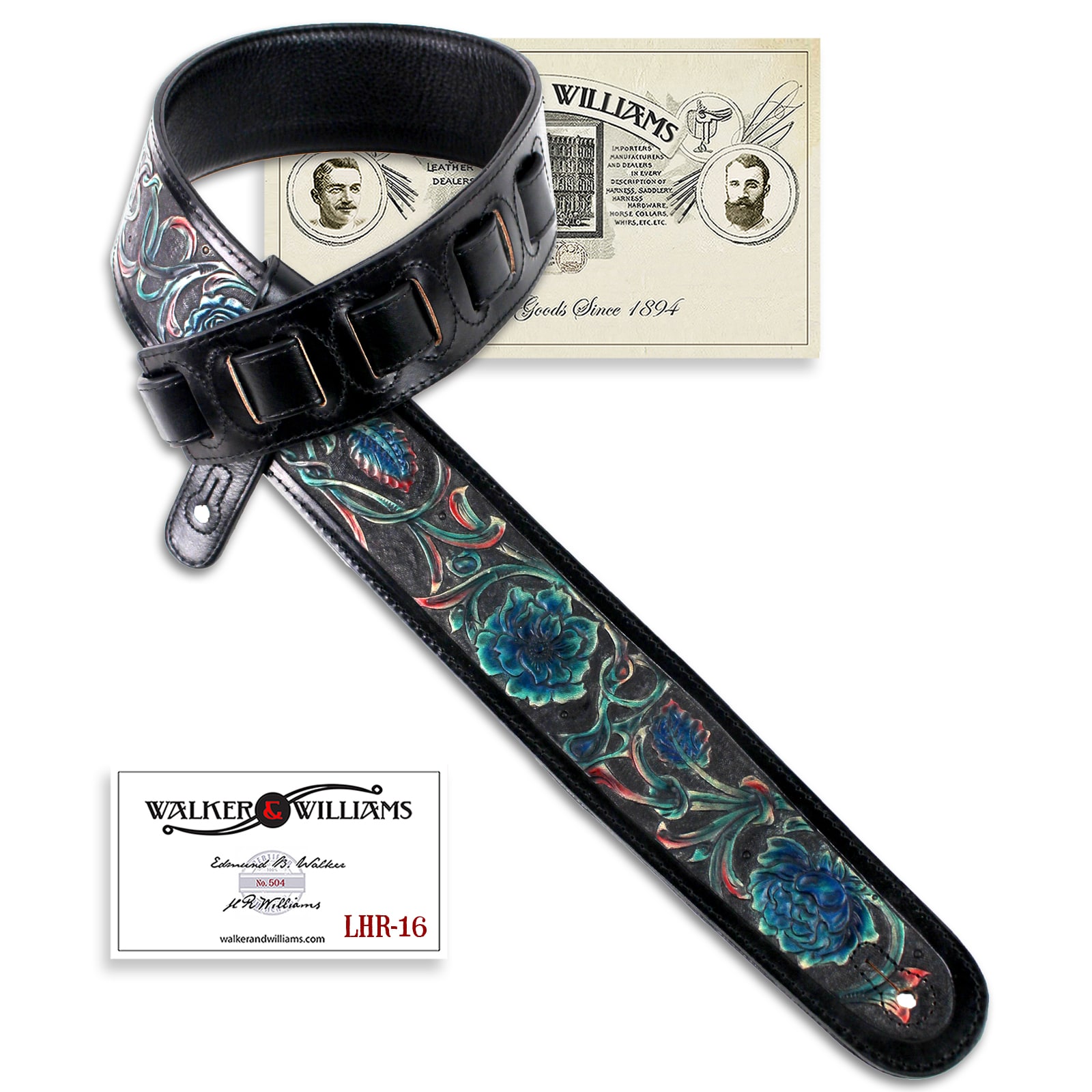 LHR-16 Gloss Black Premium Leather Strap w/Cobalt Blue And Red Floral  Carving