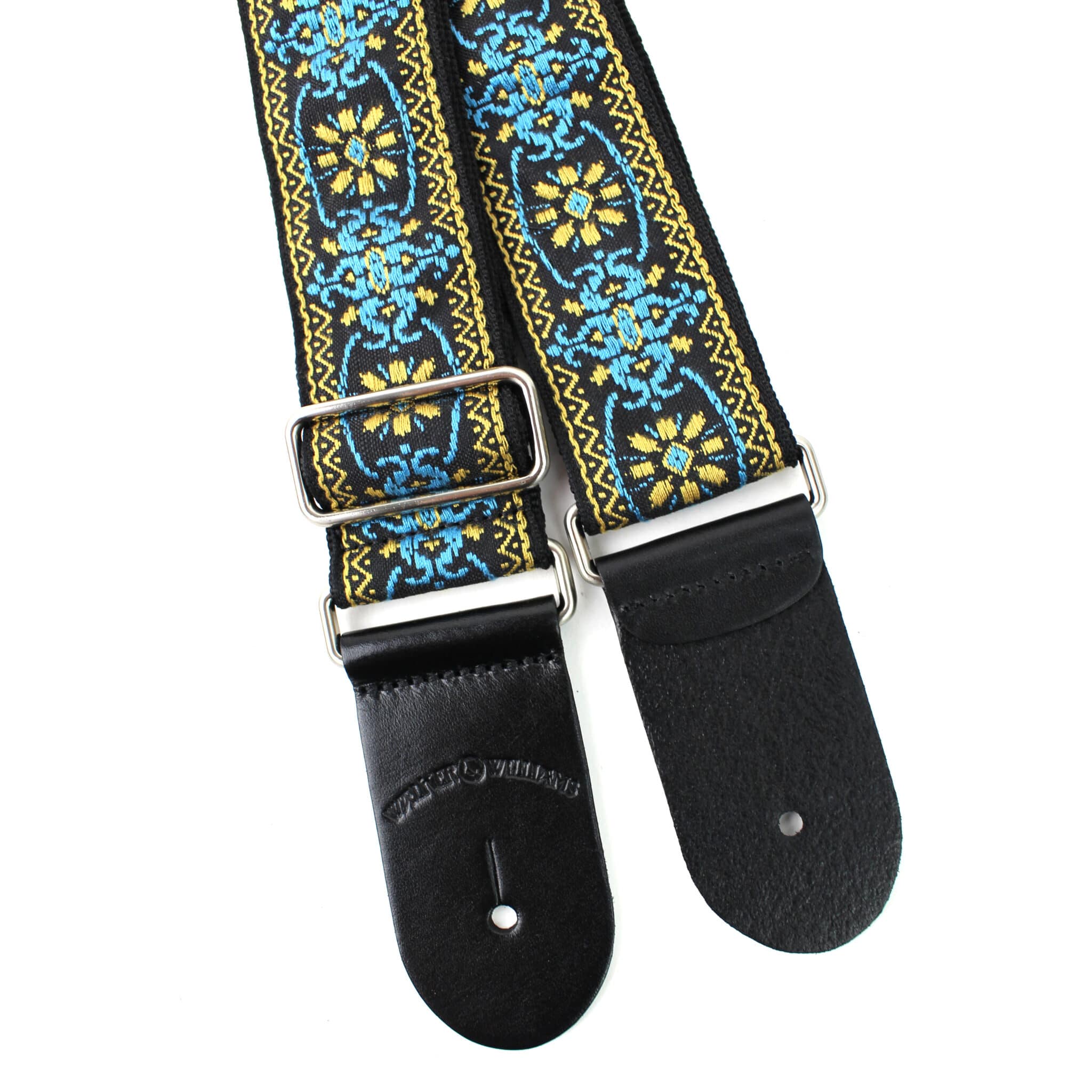 H-01-MET Vintage Series Blue & Gold Mandala Woven Guitar Strap with Chrome  Hardware & Leather Ends