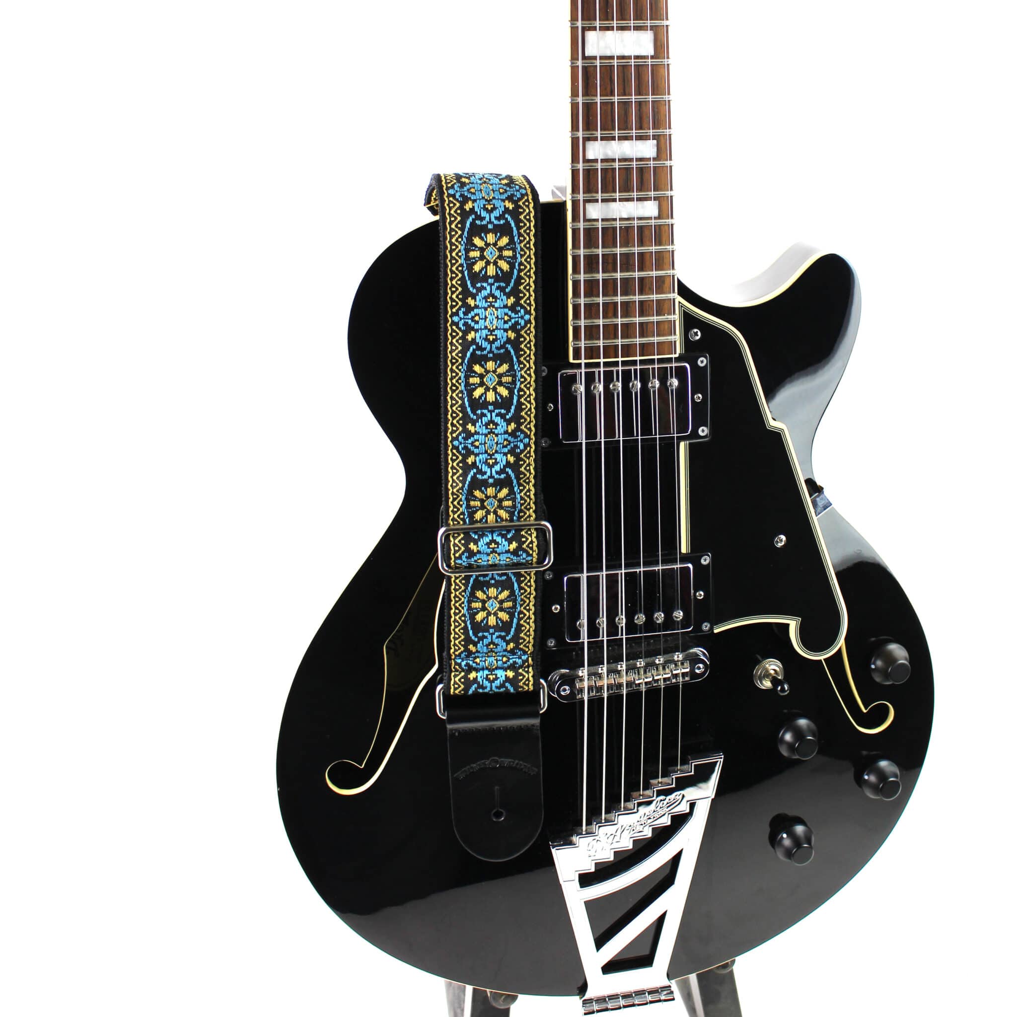 H-01-MET Vintage Series Blue & Gold Mandala Woven Guitar Strap with Chrome  Hardware & Leather Ends