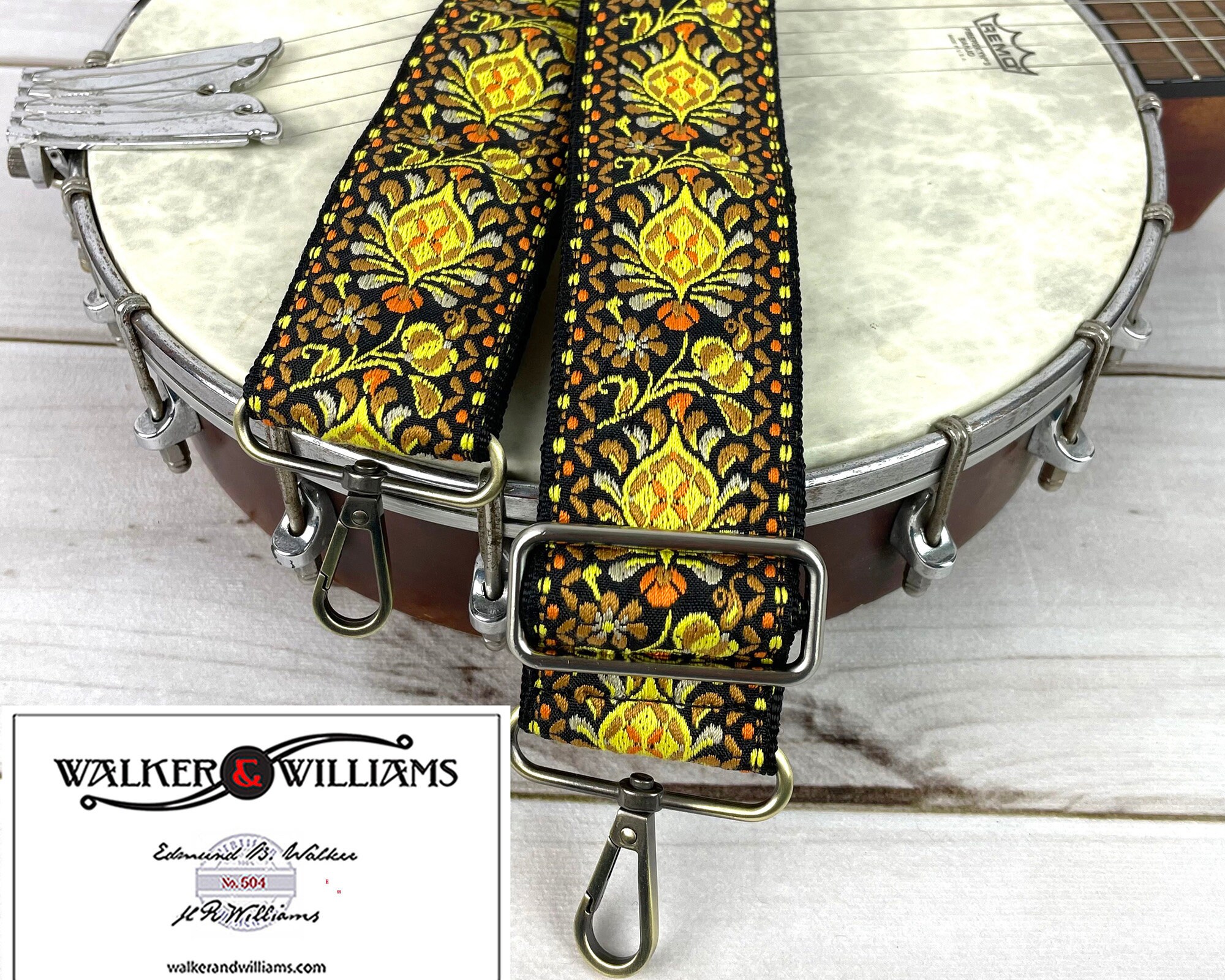HBAN-03 Vintage Series Black & Gold Mandala Woven Banjo Strap With Brushed  Brass Thin Clips – Walker & Williams