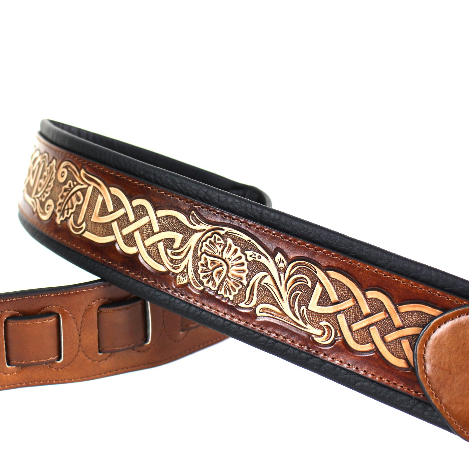 thumbnail image 2 of LIF-03 Weathered Dark Brown Padded Leather Strap With Traditional Live Oak Tooling - Walker And Williams 2 of 14