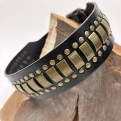 OOAK-0078 Black Premium Grain Leather Dog Collar With Raw Brass Studs