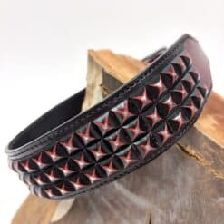 OOAK-0084 Premium Leather Dog Collar With Brushed Red Pyramid Studs