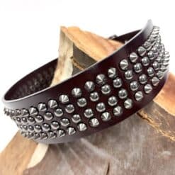 OOAK-0091 Dark Brown Premium Leather Dog Collar With Metal Spikes And Domed Rivets