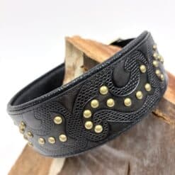 OOAK-0105 Smokey Brown Premium Dog Collar With Norse Viking Tooling And Brass Studs
